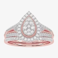 Womens / CT. T.W. Natural White Diamond 10K Gold Pear Side Stone Halo Bridal Set