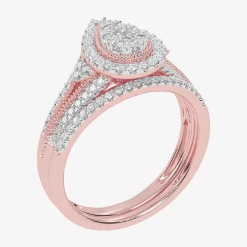 Womens / CT. T.W. Natural White Diamond 10K Gold Pear Side Stone Halo Bridal Set