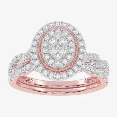 Womens / CT. T.W. Natural White Diamond 10K Gold Oval Side Stone Halo Bridal Set