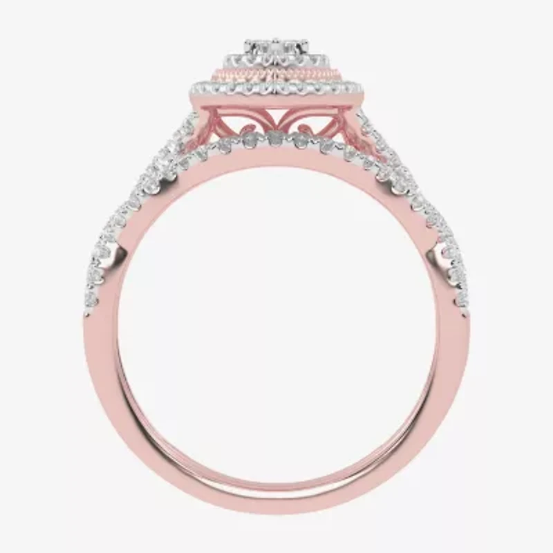 Womens 1/2 CT. T.W. Natural White Diamond 10K Gold Marquise Side Stone Halo Bridal Set
