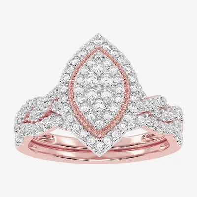 Womens 1/2 CT. T.W. Natural White Diamond 10K Gold Marquise Side Stone Halo Bridal Set