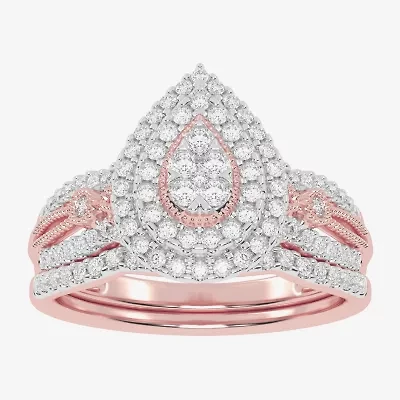 Womens CT. T.W. Natural White Diamond 10K Gold Pear Side Stone Halo Bridal Set
