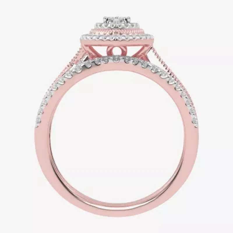 Womens 1/2 CT. T.W. Natural White Diamond 10K Gold Marquise Side Stone Halo Bridal Set