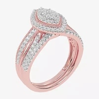 Womens 1/2 CT. T.W. Natural White Diamond 10K Gold Marquise Side Stone Halo Bridal Set