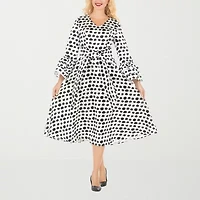 Giovanna Signature Womens Long Sleeve Midi Polka Dot A-Line Dress
