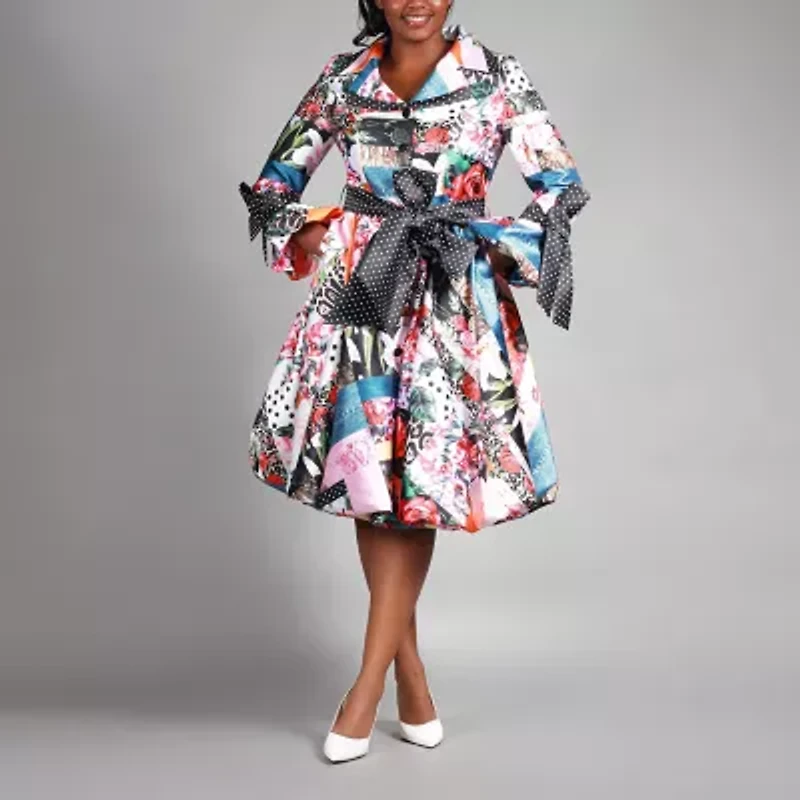 Giovanna Signature Womens Belted Long Sleeve Floral Shirt Dress