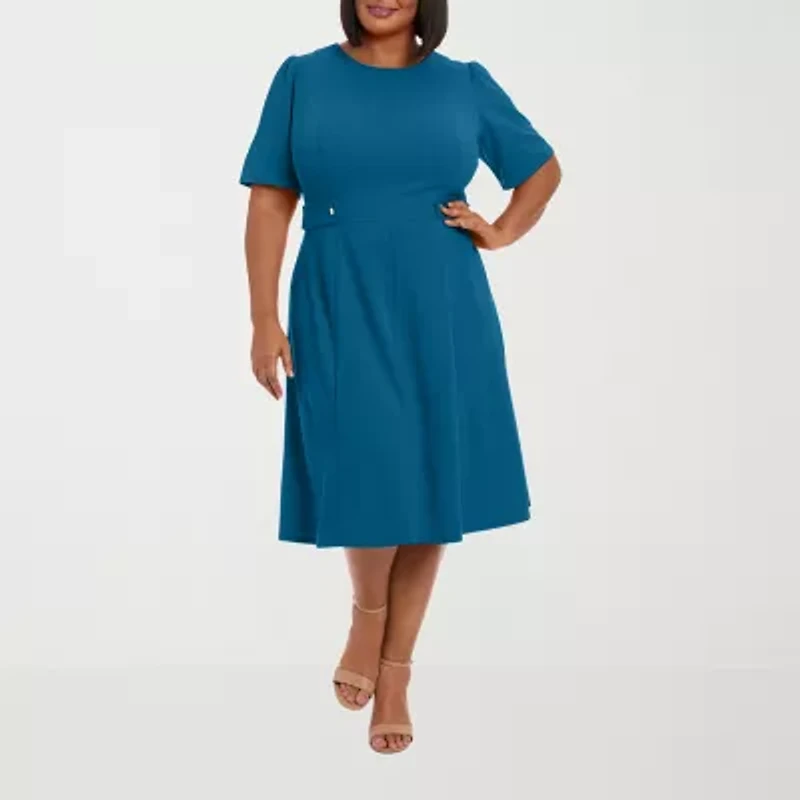 London Times Womens Short Sleeve Midi Fit + Flare Dress Plus