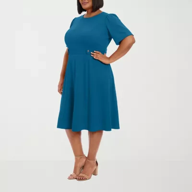 London Times Womens Short Sleeve Midi Fit + Flare Dress Plus