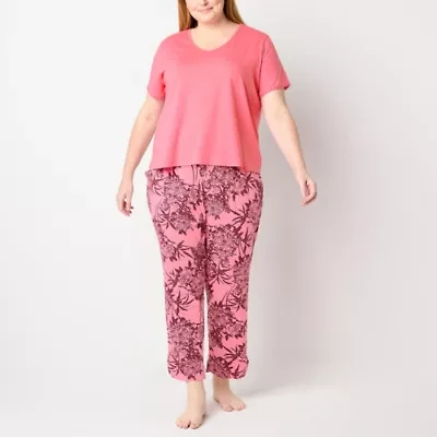 Liz Claiborne Womens V-Neck Short Sleeve 2-pc. Plus Pajama Sets