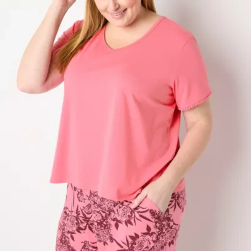 Liz Claiborne Womens V-Neck Short Sleeve 2-pc. Plus Pajama Sets