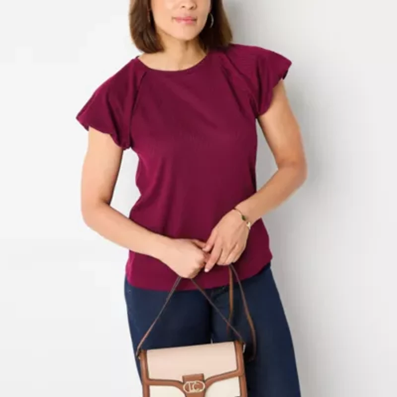 Liz Claiborne Womens Crew Neck Short Sleeve Blouse