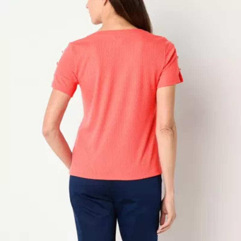 Liz Claiborne Womens Round Neck Short Sleeve Blouse