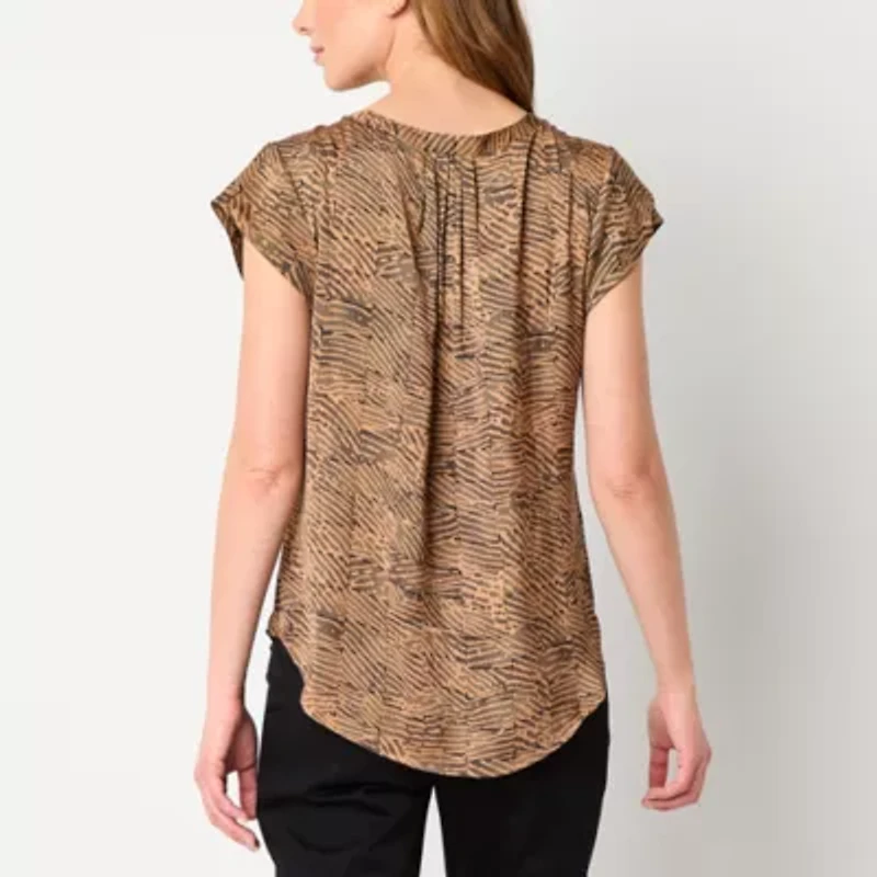 Liz Claiborne Womens Split Crew Neck Short Sleeve Satin Blouse