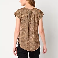 Liz Claiborne Womens Split Crew Neck Short Sleeve Satin Blouse