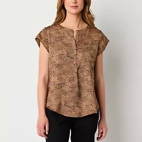 Liz Claiborne Womens Split Crew Neck Short Sleeve Satin Blouse