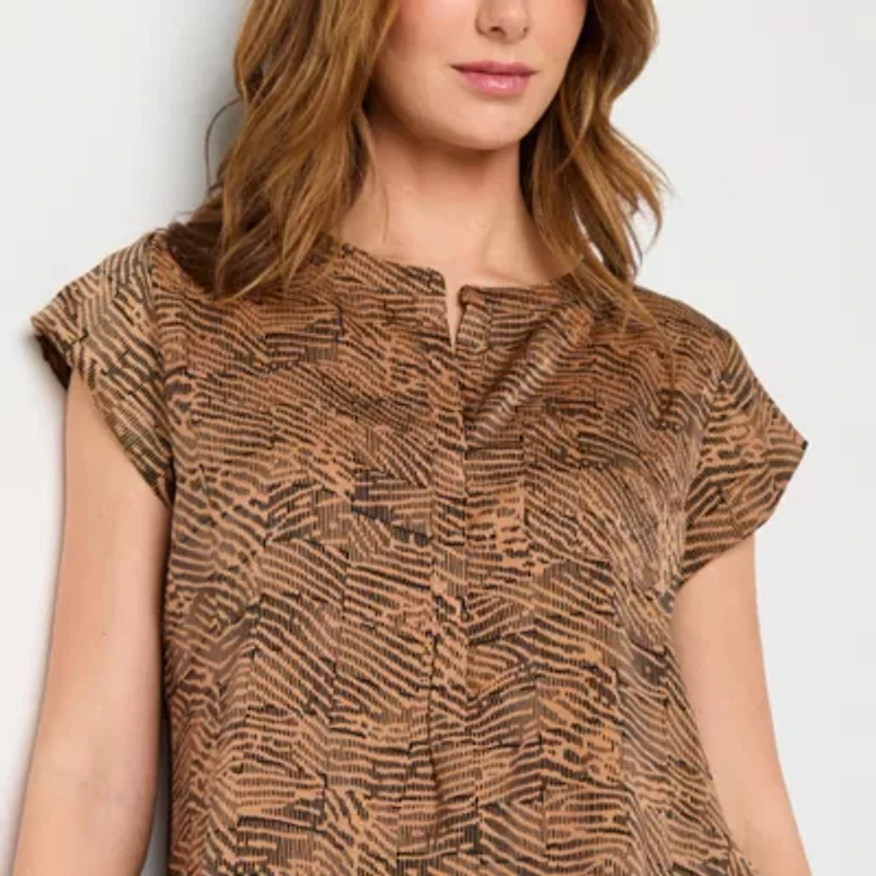 Liz Claiborne Womens Split Crew Neck Short Sleeve Satin Blouse