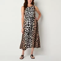 Liz Claiborne Womens Sleeveless Midi Animal A-Line Dress