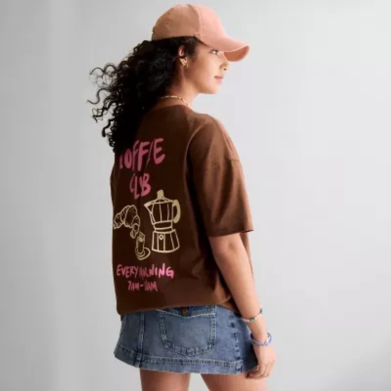Coffee Club Womens Juniors Crew Neck Short Sleeve Oversized Graphic T-Shirt