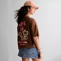 Coffee Club Womens Juniors Crew Neck Short Sleeve Oversized Graphic T-Shirt