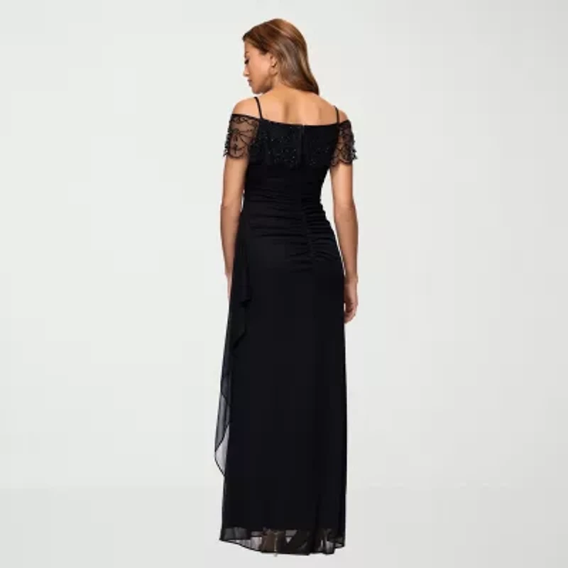 DJ Jaz Womens Straight Neck Short Sleeve Off the Shoulder Beaded Fitted Gown