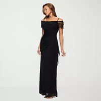 DJ Jaz Womens Straight Neck Short Sleeve Off the Shoulder Beaded Fitted Gown