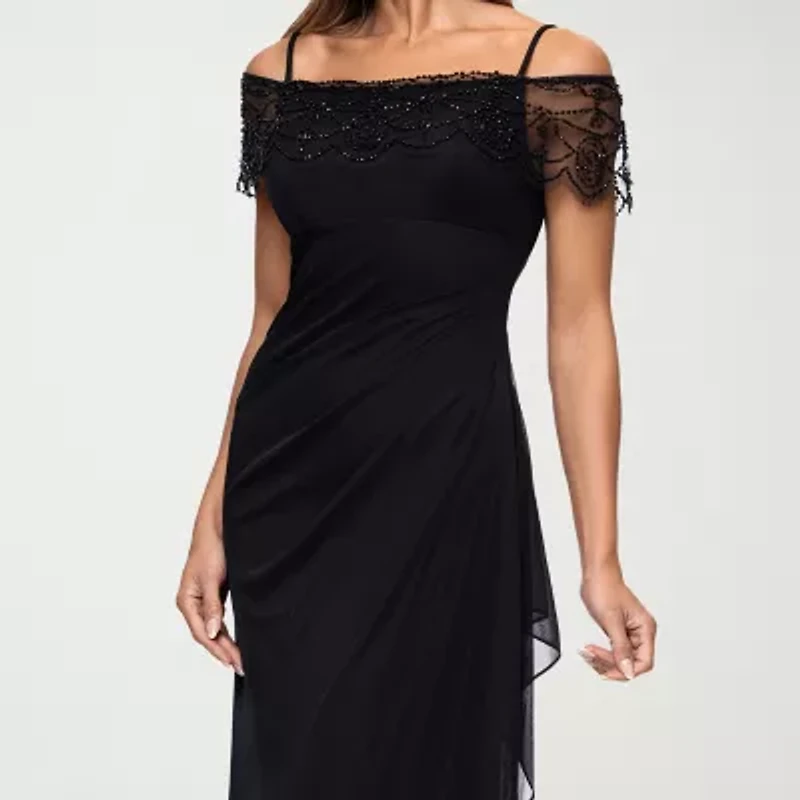 DJ Jaz Womens Straight Neck Short Sleeve Off the Shoulder Beaded Fitted Gown
