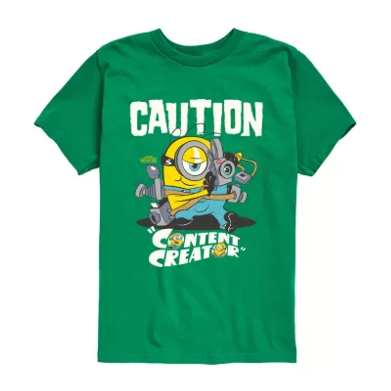 Caution Content Creator Little & Big Kid Boys Crew Neck Short Sleeve Regular Fit Minions Graphic T-Shirt