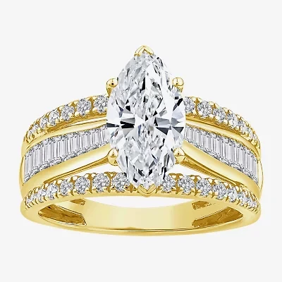 (F / Vs2) Womens 3 CT. T.W. Lab Grown White Diamond 10K Gold Marquise Side Stone Engagement Ring