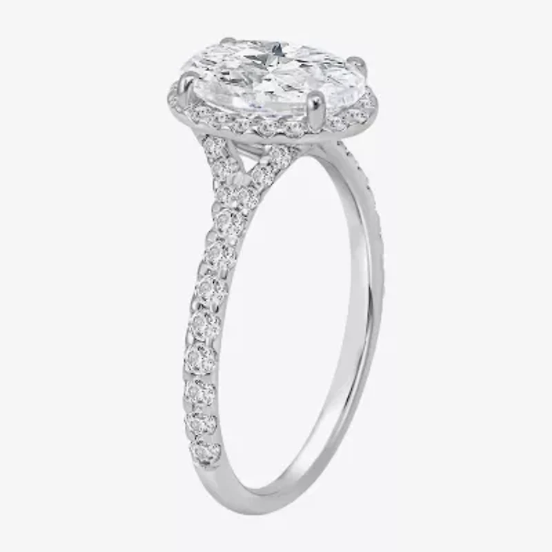 (I / Si2) Womens 2 1/2 CT. T.W. Lab Grown White Diamond Sterling Silver Oval Side Stone Halo Engagement Ring