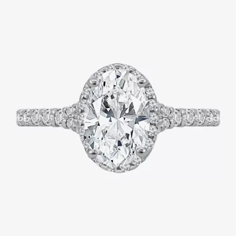 (I / Si2) Womens 2 1/2 CT. T.W. Lab Grown White Diamond Sterling Silver Oval Side Stone Halo Engagement Ring