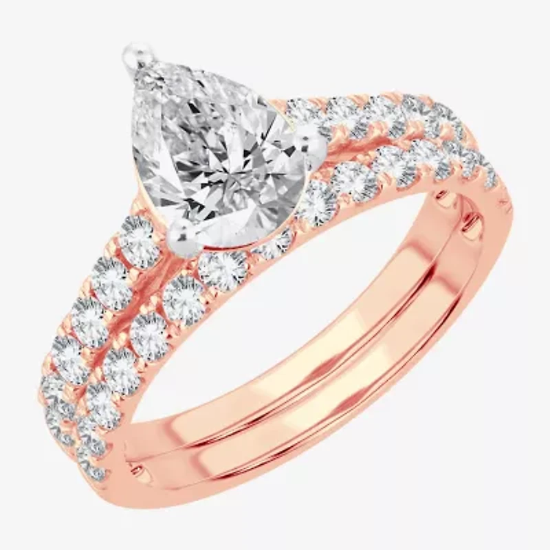 (H-I / SI1-SI2) Signature By Modern Bride Womens 2 CT. T.W. Lab Grown White Diamond 14K Gold  Pear Bridal Set