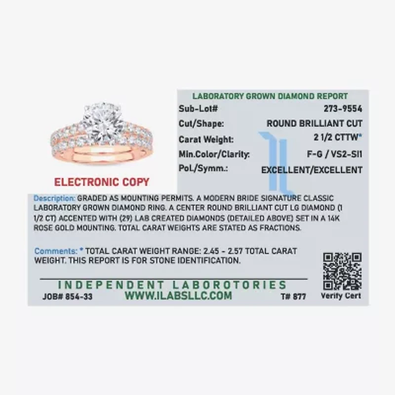(H-I / SI1-SI2) Signature By Modern Bride Womens 2 1/2 CT. TW. Lab Grown White Diamond 14K Gold Round Bridal Set