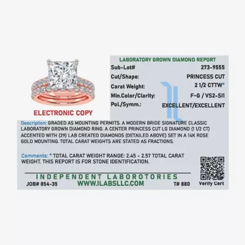 (H-I / SI1-SI2) Signature By Modern Bride Womens 2 1/2 CT. TW. Lab Grown White Diamond 14K Gold Princess Bridal Set