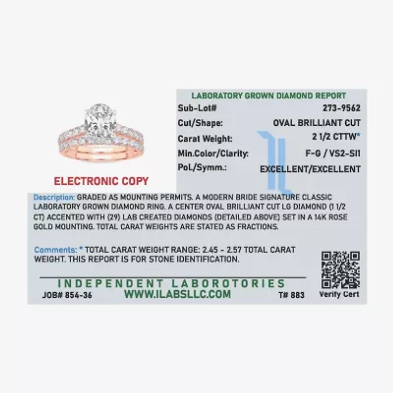 Signature By Modern Bride (F-G/ Vs2-Si1) Womens 2 1/2 CT. T.W. Lab Grown White Diamond 14K Gold Oval Side Stone Bridal Set