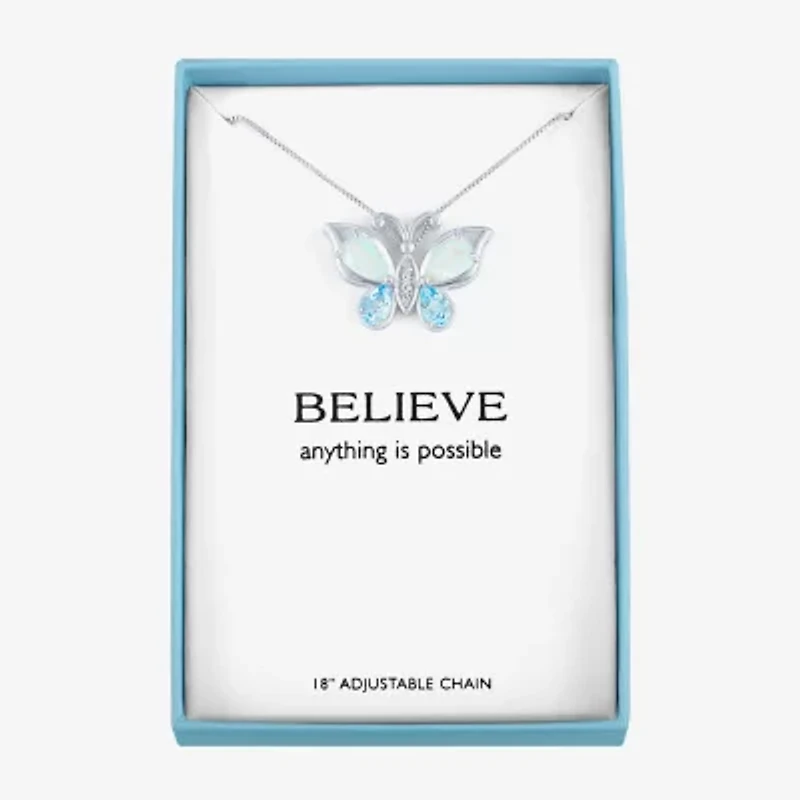 Womens Lab Created White Opal Pure Silver Over Brass Butterfly 16 Inch Pendant Necklace