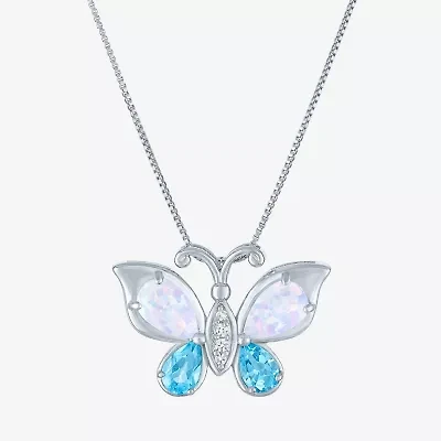 Womens Lab Created White Opal Pure Silver Over Brass Butterfly 16 Inch Pendant Necklace
