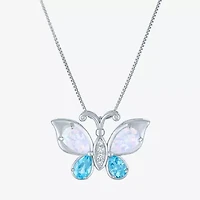 Womens Lab Created White Opal Pure Silver Over Brass Butterfly 16 Inch Pendant Necklace