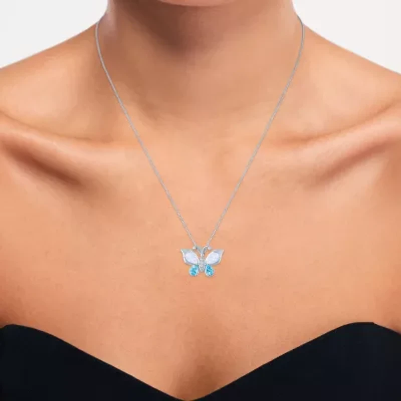 Womens Lab Created White Opal Pure Silver Over Brass Butterfly 16 Inch Pendant Necklace
