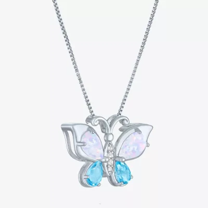 Womens Lab Created White Opal Pure Silver Over Brass Butterfly 16 Inch Pendant Necklace