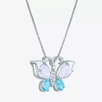 Womens Lab Created White Opal Pure Silver Over Brass Butterfly 16 Inch Pendant Necklace
