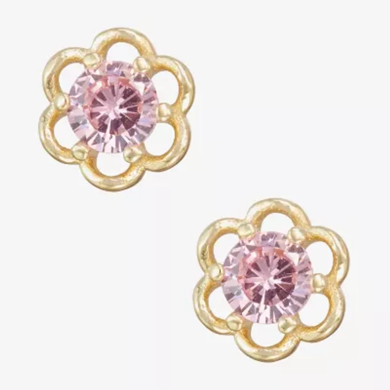 Children'S Pink Cubic Zirconia 14K Gold Over Silver 5mm Flower Stud Earrings