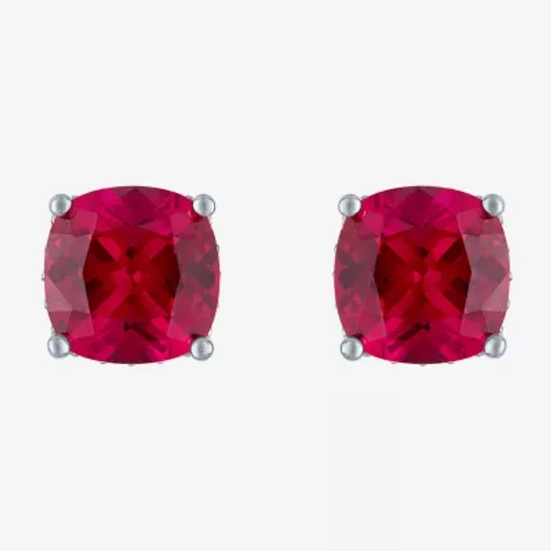 Lab Created Red Ruby Sterling Silver 7mm Cushion Stud Earrings