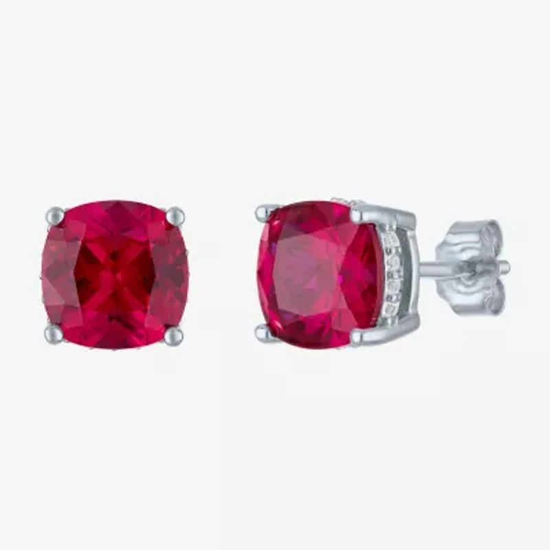 Lab Created Red Ruby Sterling Silver 7mm Cushion Stud Earrings