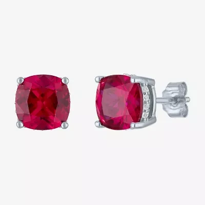 Lab Created Red Ruby Sterling Silver 7mm Cushion Stud Earrings