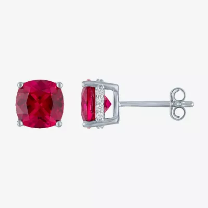 Lab Created Red Ruby Sterling Silver 7mm Cushion Stud Earrings