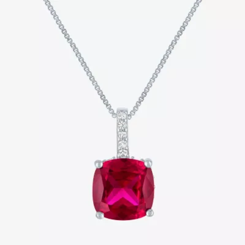 Womens Lab Created Red Ruby Sterling Silver Cushion 18 Inch Pendant Necklace