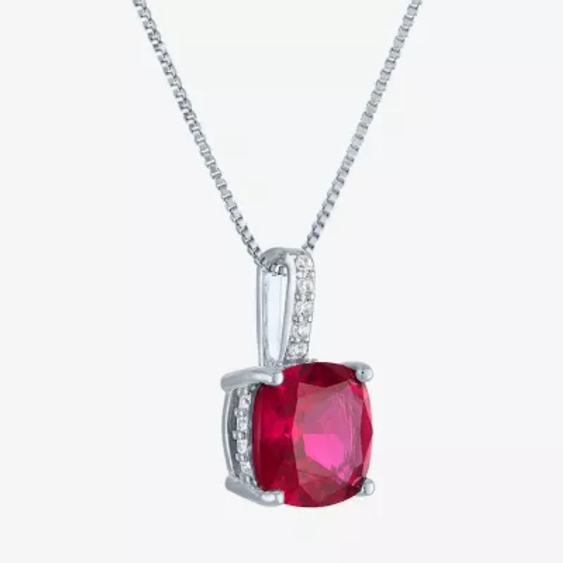 Womens Lab Created Red Ruby Sterling Silver Cushion 18 Inch Pendant Necklace