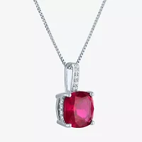 Womens Lab Created Red Ruby Sterling Silver Cushion 18 Inch Pendant Necklace