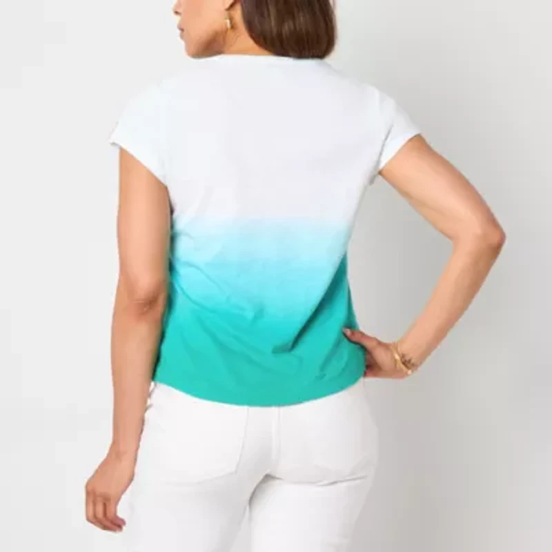 Liz Claiborne Womens Split Crew Neck Short Sleeve Blouse