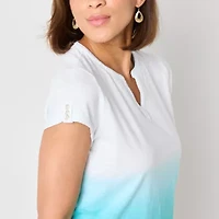 Liz Claiborne Womens Split Crew Neck Short Sleeve Blouse